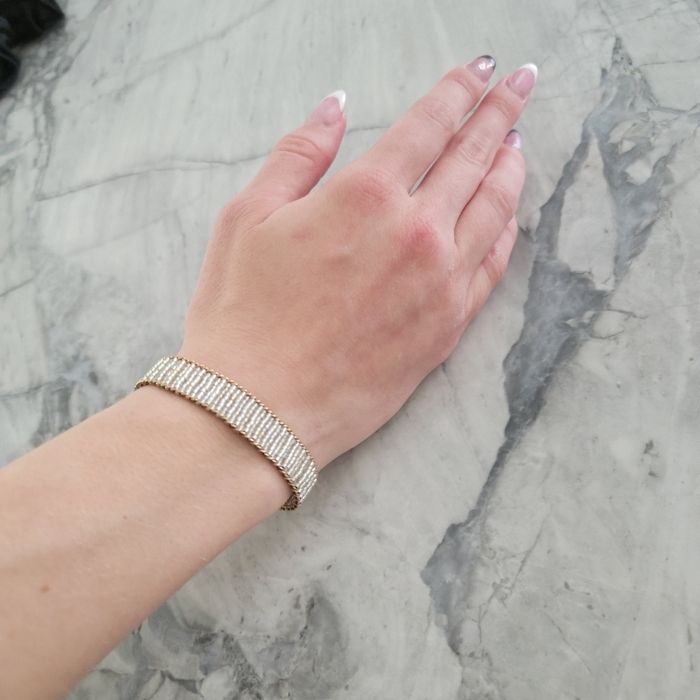 Bracelet, Silver Shimmery Beading with Goldtone/Brass